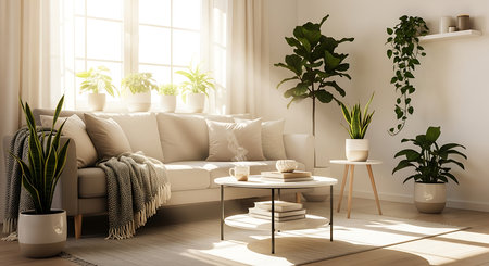 Living room interior with sofa, coffee table and plant. 3d renderの素材