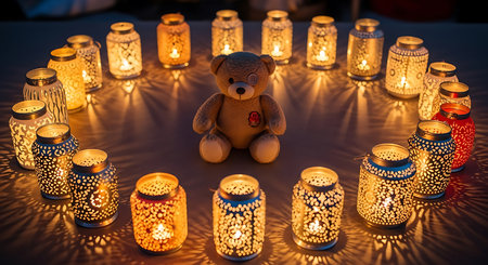 Burning candles in the shape of a teddy bear. Selective focus.の素材