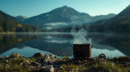Cooking pot on the shore of a mountain lake at sunset.の素材