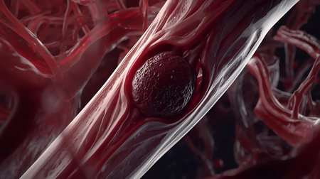 3d illustration of red blood cells flowing through a plastic bag.の素材