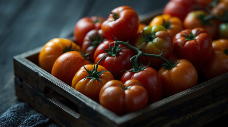 Fresh tomatoes in a wooden box on a dark background, selective focus.の素材