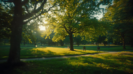 Sunset in the city park with green trees and grass, summer timeの素材