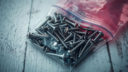 Screws in plastic bag on wooden background. Selective focus.の素材