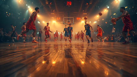 basketball game sport players in action isolated on black background 3d illustrationの素材