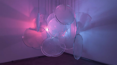 3d rendering of a modern interior with balloons in purple and pinkの素材