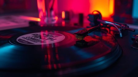 Dj playing music on turntable with vinyl record in nightclubの素材