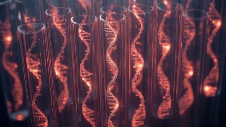 3D illustration DNA strand with glowing background. 3D rendering.の素材
