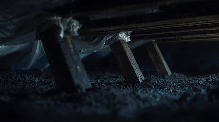 Close-up of a metal staircase in a dark abandoned building.の素材