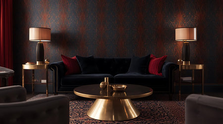 Luxury living room interior with black sofa, armchair, coffee table and gold lamp. 3d renderingの素材