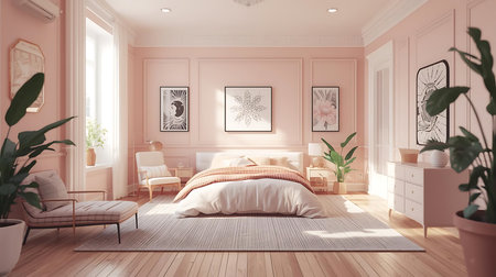 3d render of modern bedroom with pink walls and wooden floor.の素材