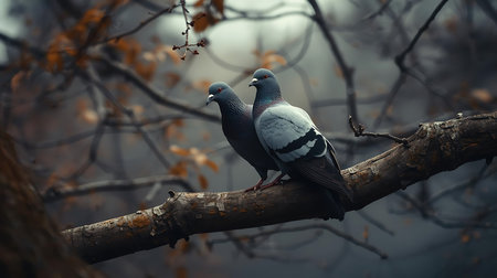 Pigeons sitting on a tree branch in the autumn forest.の素材