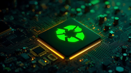 Close-up view of a computer mainboard with a green processorの素材