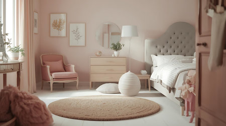 3d render of children's room interior with pink bed and armchairの素材