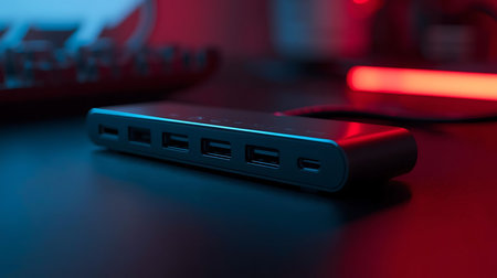 Close up of USB 3.0 cable on black table with red lightの素材