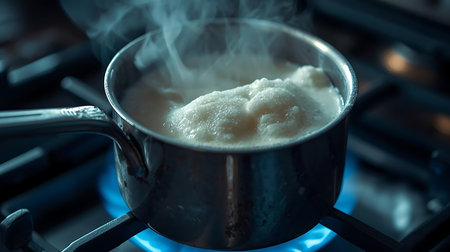 Boiling water in a pot on the gas stove, close-upの素材
