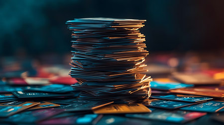 Pile of credit cards on table in casino, close up.の素材