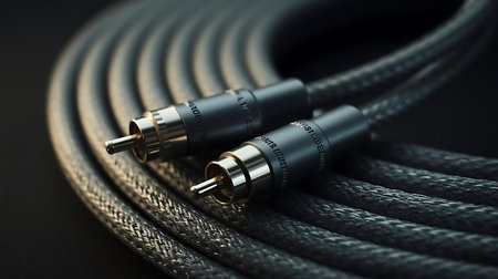 Audio video cable on a dark background close up. Selective focus.の素材
