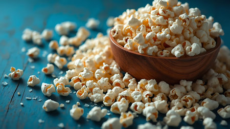 Popcorn in a wooden bowl on a blue wooden table, selective focus.の素材