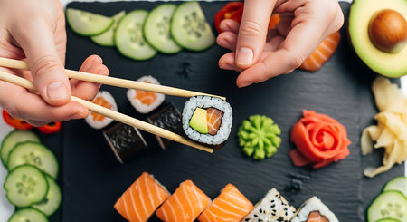 cropped view of woman eating sushi with chopsticks on black plateの素材