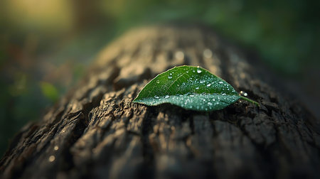 Green leaf with water drops on a tree trunk in the forest.の素材