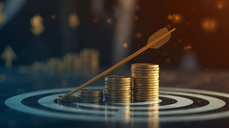 Business target with arrow and coins. Success and investment concept. 3D Renderingの素材