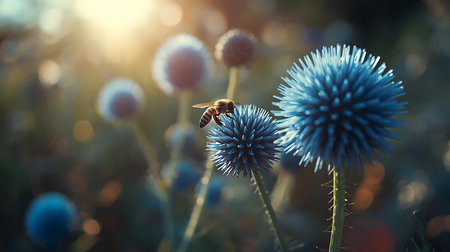 Honey bee pollinating blue flower in the meadow at sunsetの素材
