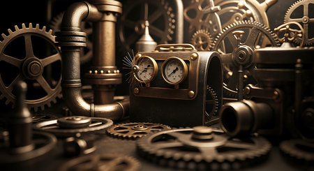 Steampunk background with old clock, gears and mechanisms. Toned.の素材