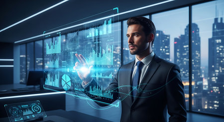 Businessman pressing high tech type of modern buttons on a virtual backgroundの素材