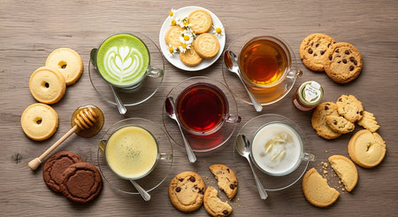 Cups of hot tea with cookies on wooden table, top viewの素材