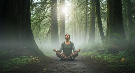 Woman meditating in the forest. Healthy lifestyle and relaxation concept.の素材