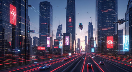 Traffic in the city at night, 3d rendering. Computer digital drawing.の素材