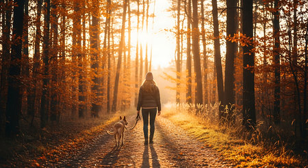 Young woman walking with her dog in the autumn forest at sunset.の素材