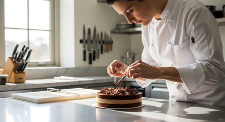 Cropped image of a female pastry chef decorating a chocolate cake.の素材