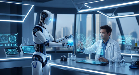 3D rendering humanoid robot working on laptop computer in modern office interiorの素材