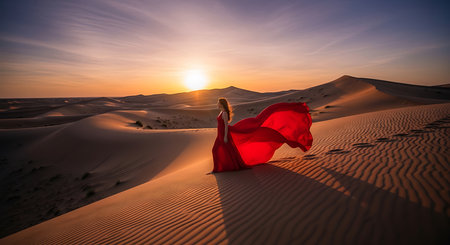 Beautiful woman in red dress dancing in the desert at sunset.の素材