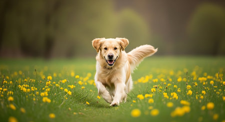 Golden Retriever running in the field of yellow dandelionsの素材