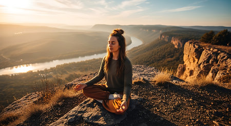 Young woman meditating in lotus position on top of mountain.の素材