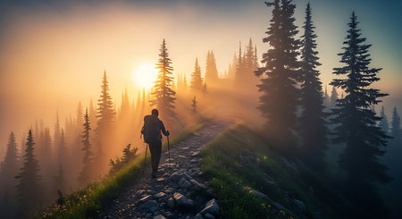 Hiker with backpack hiking in the mountains at sunrise. Travel conceptの素材