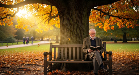 Elderly man reading a book in the park at autumn timeの素材