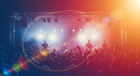 Silhouettes of people in front of a concert stage during a live concertの素材