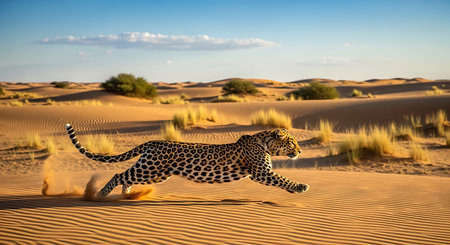 Leopard running in the sand in the Sahara desert. Africa.の素材