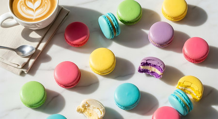 Colorful macaroons and a cup of coffee on white marble tableの素材