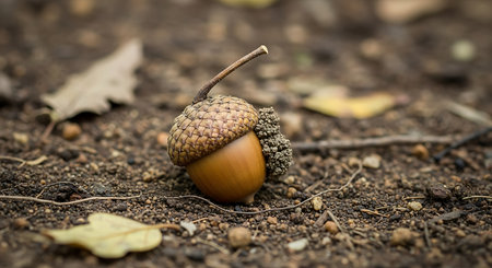 Acorn on the ground in the forest, close-up.の素材