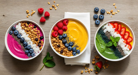Healthy breakfast bowls with berries, yogurt and granola on wooden tableの素材