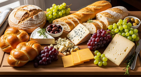 Cheese platter with grapes, olives, bread and cheeseの素材