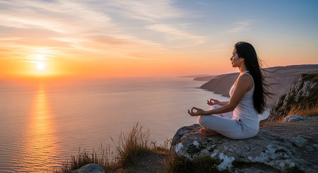 Young woman practicing yoga at sunset on the cliff above the sea.の素材