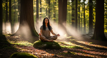 Young woman meditating in yoga lotus pose in the forest.の素材