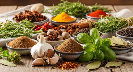 Spices and herbs on wooden background. Food and cuisine ingredients.の素材