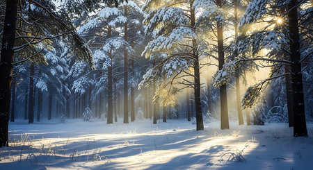 Beautiful winter landscape with sunbeams shining through the trees.の素材