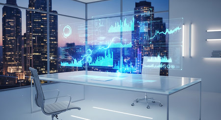 Modern office interior with city view and glowing forex chart hologram. 3D Renderingの素材